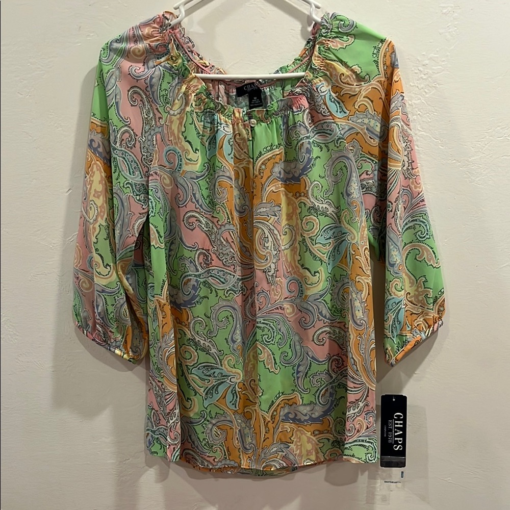 Chaps Women's Green and Pink Paisley Blouse size medium